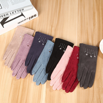 Korean autumn and winter new suede velvet small flower embroidered women's touch screen gloves, outdoor thickened warm finger gloves