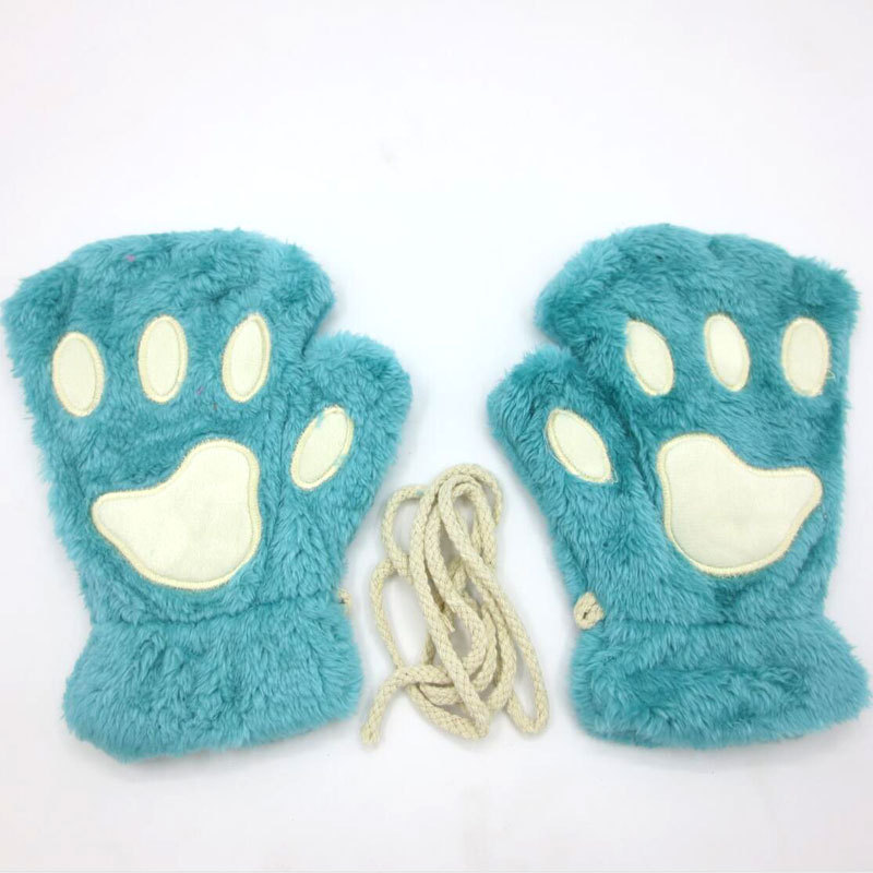 Winter Half Finger Gloves Female Cat Cartoon Bear Paws Student Fingertip Cat Claws Thick Pile Neck Warm Gloves details Picture