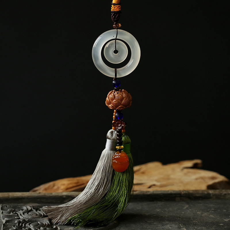 High-end car pendants and ornaments, natural chalcedony mother and child safety pendants, car interior pendants for women, car lotus flowers details Picture