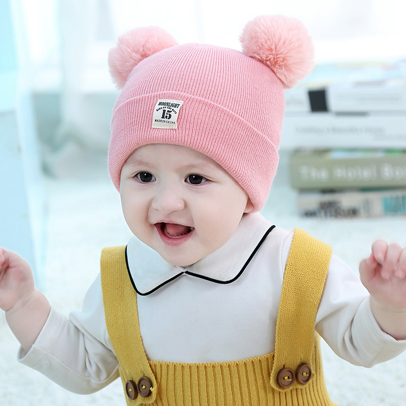 贝纳熊秋冬新款针织帽可爱双球15贴标户外保暖婴儿帽3-6-9-12个月详情图3