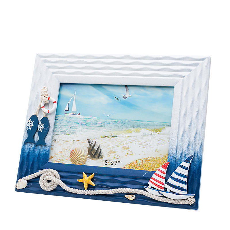 地中海蓝白实木摆台框架儿童房摆饰供应个性照相馆7寸6寸海洋相框详情图5