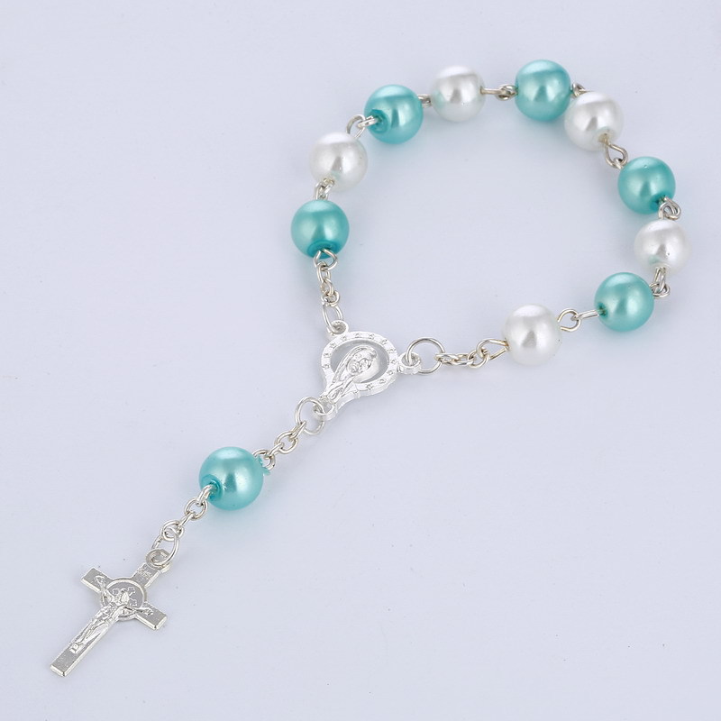 Europe And The United States Foreign Trade Selling Classic 12-Color Glass Pearl Cross Rosary Beads Religious Bracelet Lovers Jewelry Factory Direct Sales Item Picture