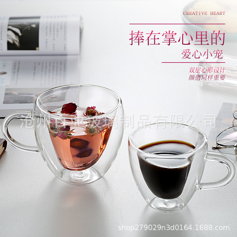 新品特价批发创意心形玻璃双层杯 爱心情侣咖啡杯果汁奶昔杯