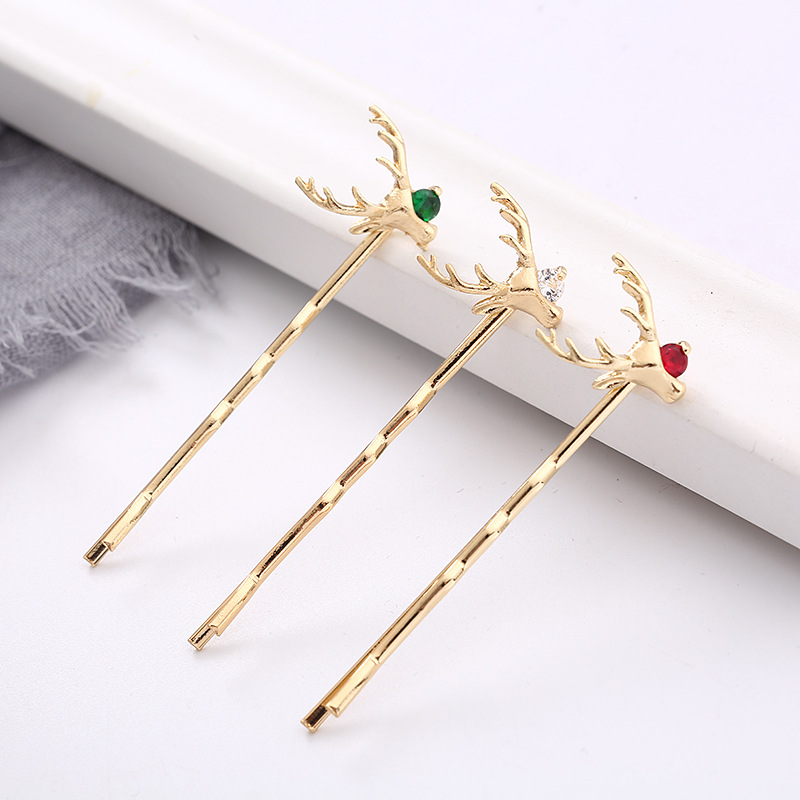 Manufacturers Wholesale New Korean Version Of Alloy Deer Head Word Clip Zircon Hair Clip Hair Accessories Women's High-Grade Christmas Ornaments