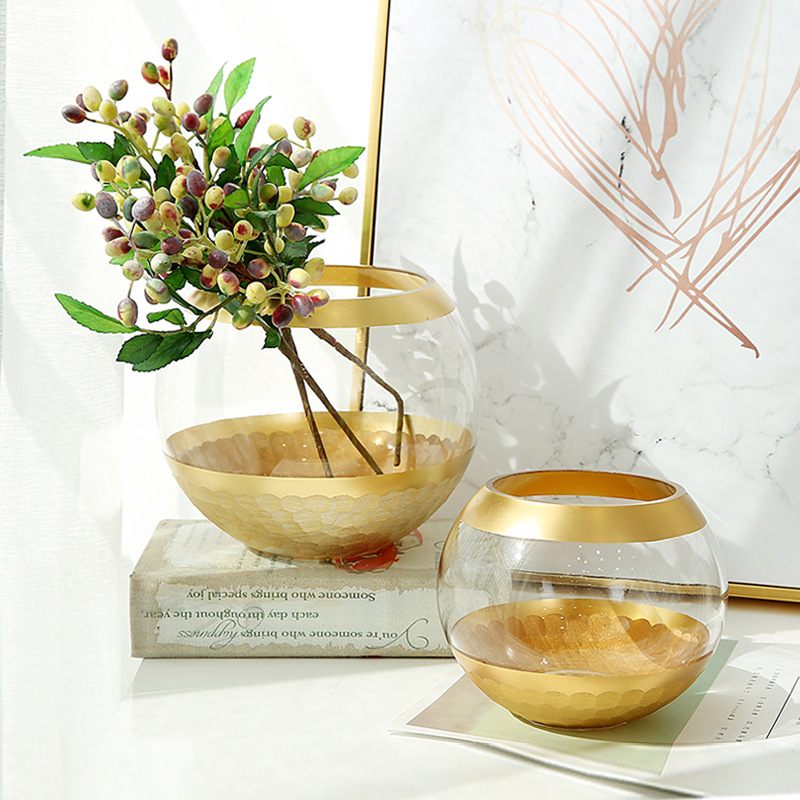 Nordic golden spherical vase decoration, living room flower arrangement, hydroponic colorful vase, creative soft decoration, Cymbidium flower art