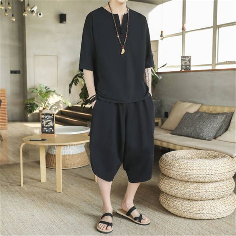 2022 Summer Men's Linen Suit Chinese Style Plus-Size Loose Cropped Trousers Casual Tang Suit Cotton Linen Two-Piece Set For Men Application Scenario