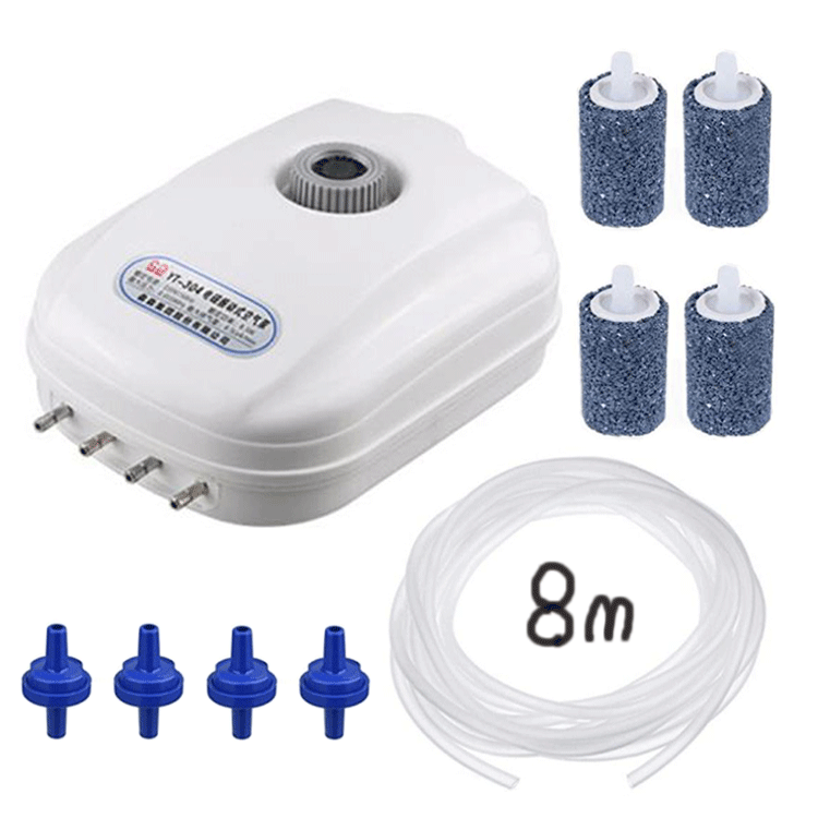 The 8.5wYT-304 series oxygen pump for aquarium tanks has four adjustable air ports and can be equipped with air pipes and air stones Item Picture