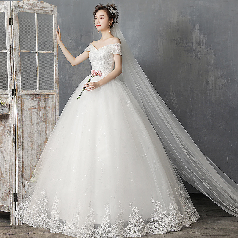 新款时尚韩式新娘婚纱礼服 抹胸齐地一字肩婚纱礼服详情图2