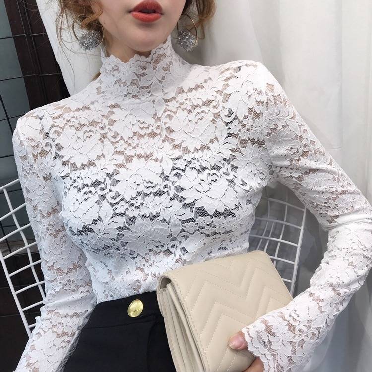 Autumn and winter new semi-high-neck slimming lace shirt, long-sleeved T-shirt for women, Korean-style, tight and stylish, with a cut-out base layer Specification image