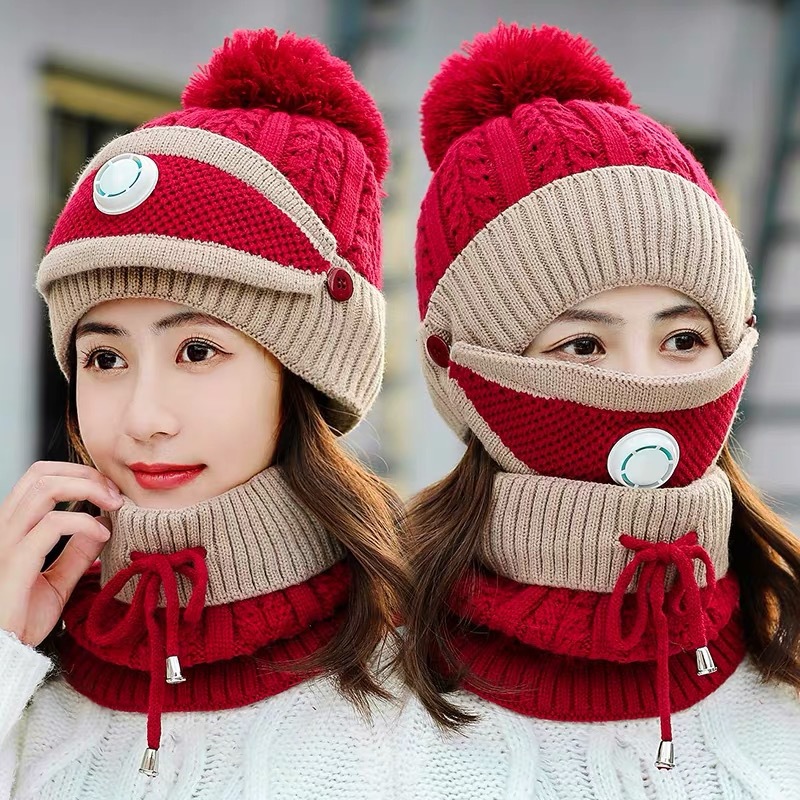 Hat, Scarf, Mask, Three Sets Of Imitation Smog New Fashion Knitted Woolen Hat For Women Winter Warm Hat