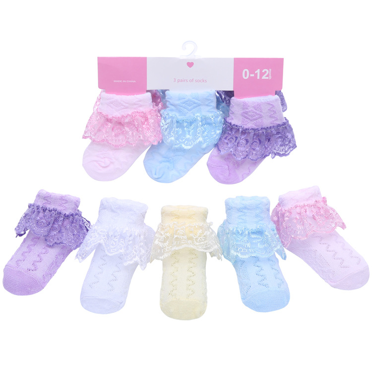 新款公主全棉网眼薄款婴儿袜子 儿童纯色糖果蕾丝花边宝宝袜子图