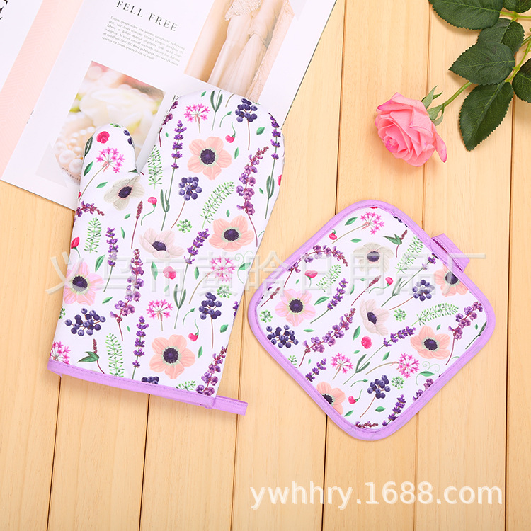 【LOVELY HOME】【 Chijia 】 Lavender insulated microwave oven Baking glove mat Two-piece oven set with heat proof gloves digital printing Item Picture
