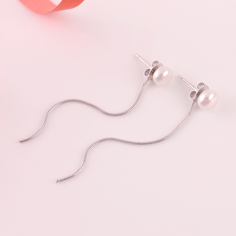 Wanmei Korean Version Of Natural Pearl Earrings S925 Silver Fashion Tassel Long Earrings Snake Bone Chain Ear Line Diy Manufacturers Specification drawing