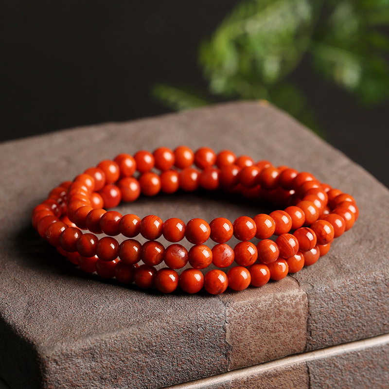 Qiu's natural Nan Hong agate 5mm round bead bracelet, Sichuan material flame red Nan Hong bracelet, three-circle Buddha bead bracelet details Picture