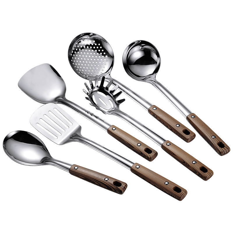 Thickened stainless steel woks, household kitchenware sets, spatulas, soup spoons, frying spatulas, hot pot strainers, stainless steel spoons in stock Item Picture