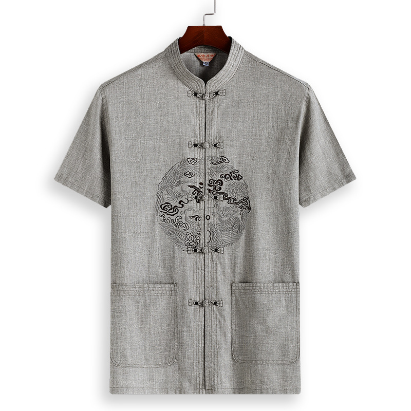 Summer Old Short Sleeve Linen Tang Suit Male Chinese Style Large Size Hanfu Cotton Linen Suit Chinese Dish Buckle Dad Suit Item Picture