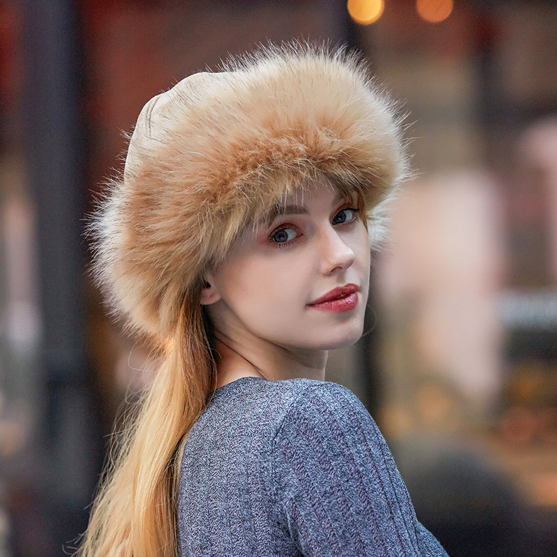Yurt-style suede fleece imitation fox fur hats, straw hats, men's and women's thickened and fleece warm hats Item Picture