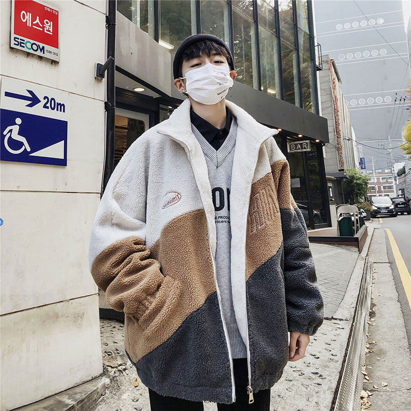 Lambskin cotton-padded jacket for men, winter warm, color-blocked thickened cotton-padded jacket, Korean style trendy, versatile cotton-padded jacket for students details Picture