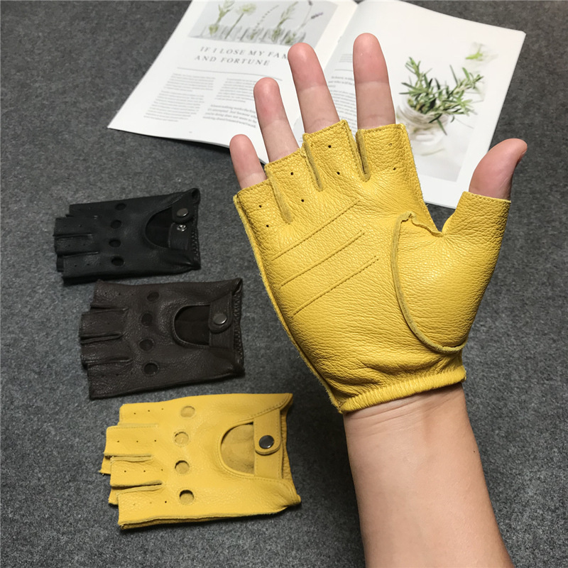 Motocicleta venado medio dedo guantes para hombres deportes ciclismo de fitness retro ciclismo respirable dedo desnudo guantes de cuero de vaca details Picture