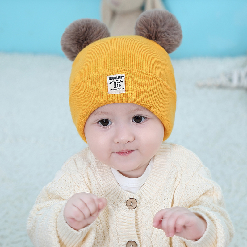 贝纳熊秋冬新款针织帽可爱双球15贴标户外保暖婴儿帽3-6-9-12个月详情图2
