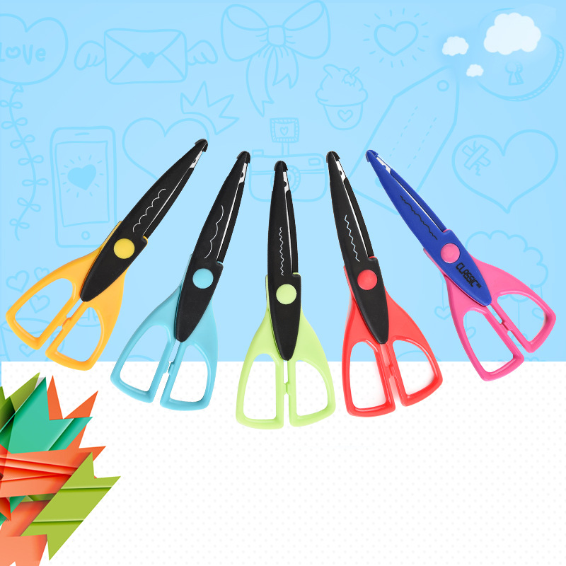 Factory direct sales of 6-inch triangular handle lace scissors for primary school students, various styles of lace paper-cutting tools, children's scissors Item Picture