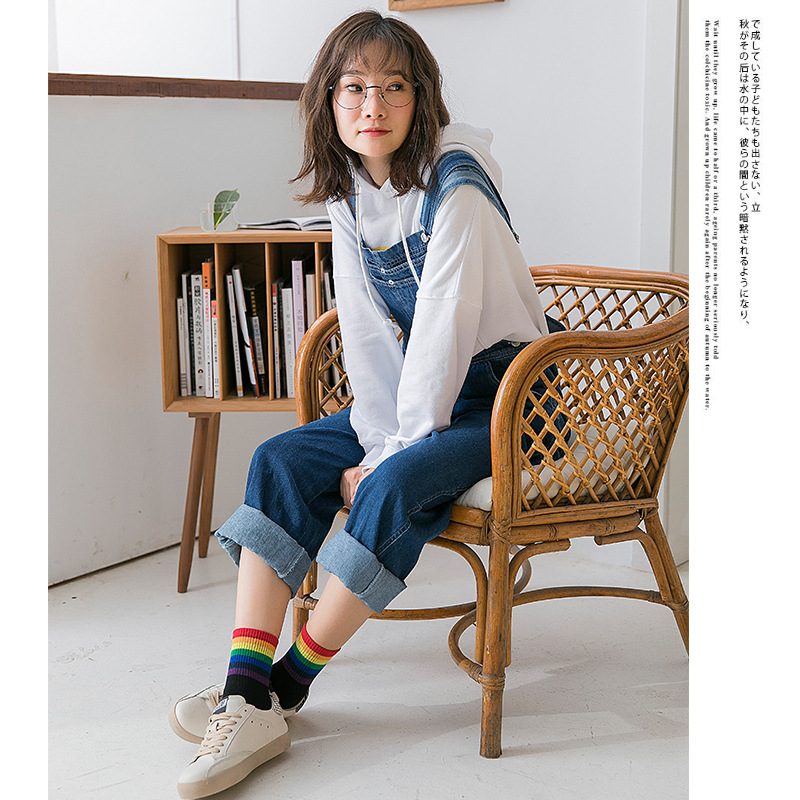 Rainbow Socks Women's mid-calf autumn new style all-cotton Korean-style trendy socks Casual cotton socks Rainbow stripe socks Application Scenario