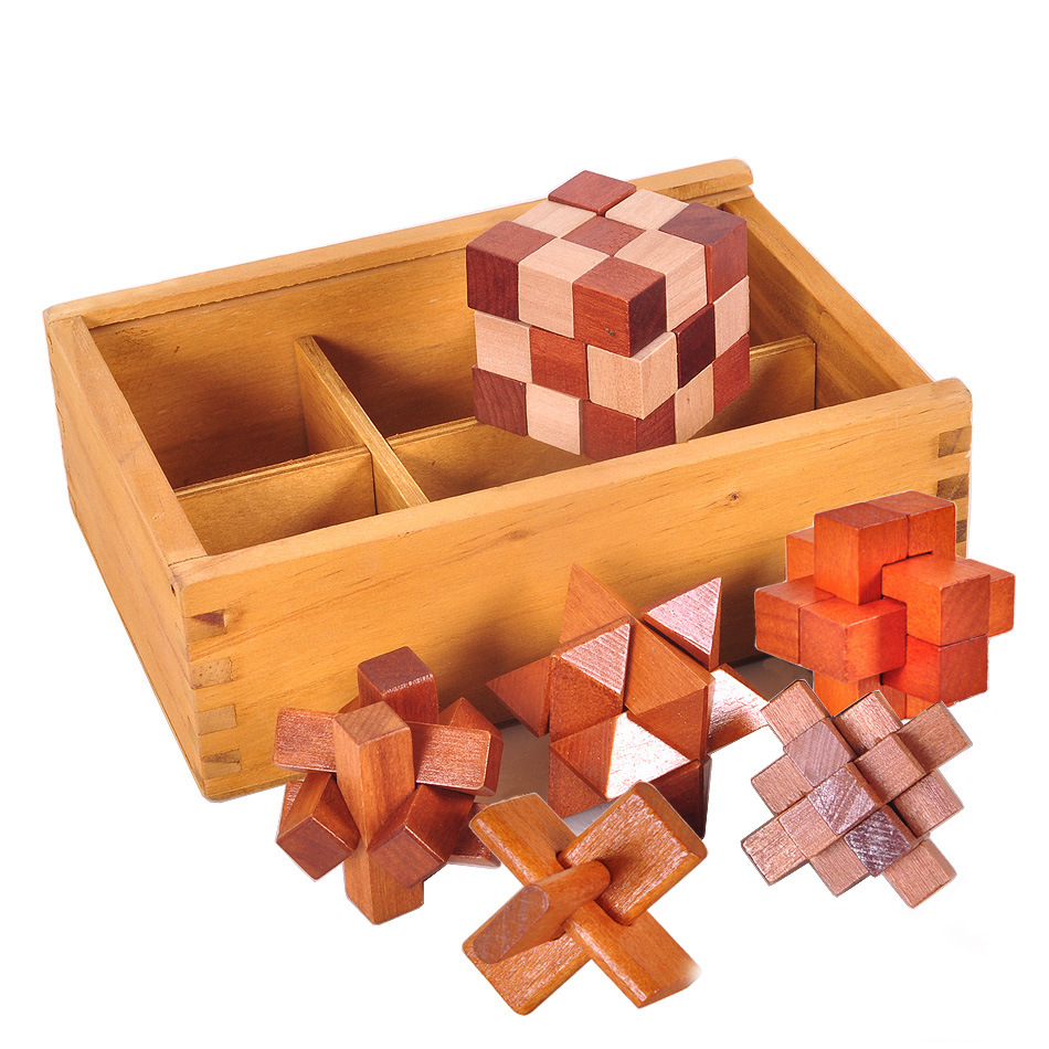 Adult wooden puzzle intellectual toys Classical toys Kong Ming lock Luban lock Kong Ming set wooden box with six sets full figure
