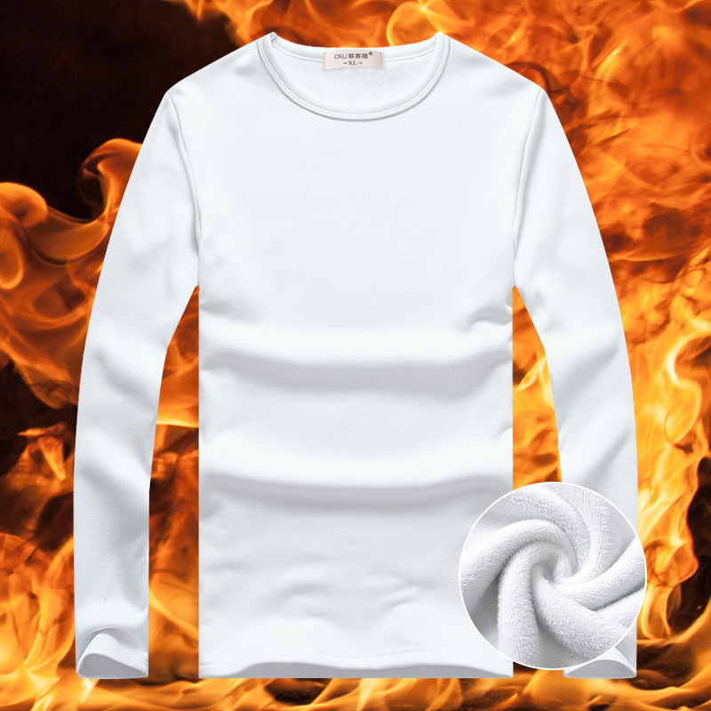 Men's autumn and winter thickened long-sleeved T-shirt with added fleece, solid color casual base layer, Korean-style slim-fit round-neck warm top T-shirt details Picture