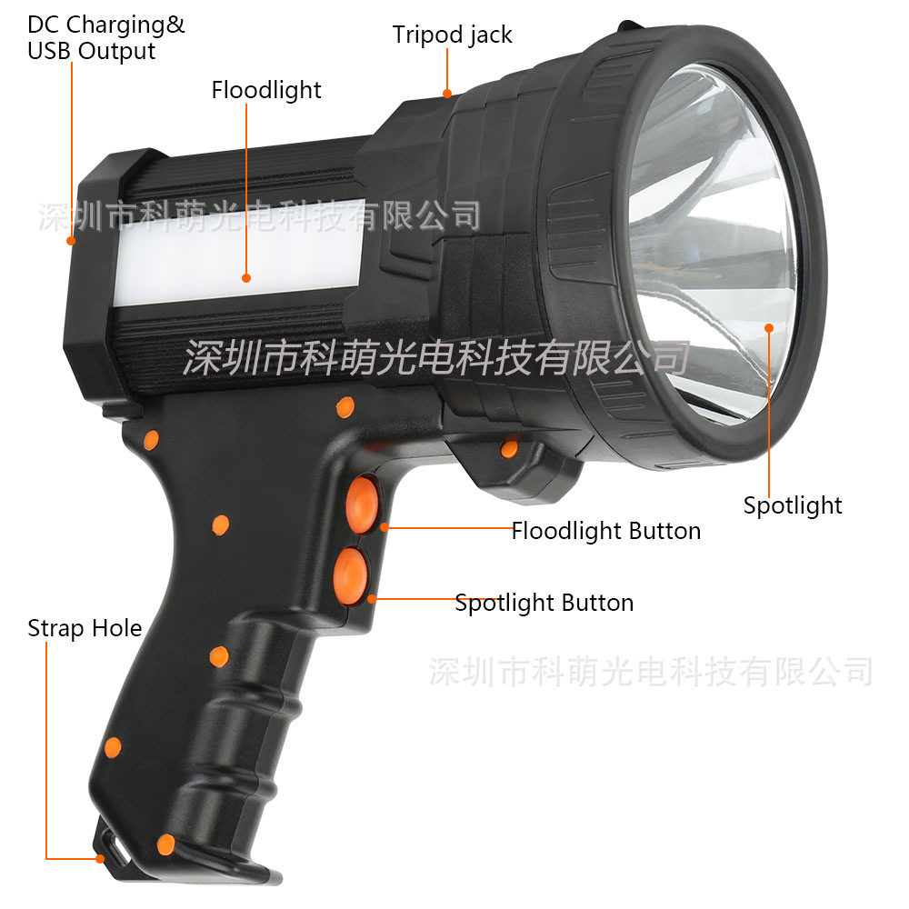 Yilangming gun-shaped handheld searchlight, spotlight, strong light, LED charging, side light, aluminum alloy portable lamp, flashlight