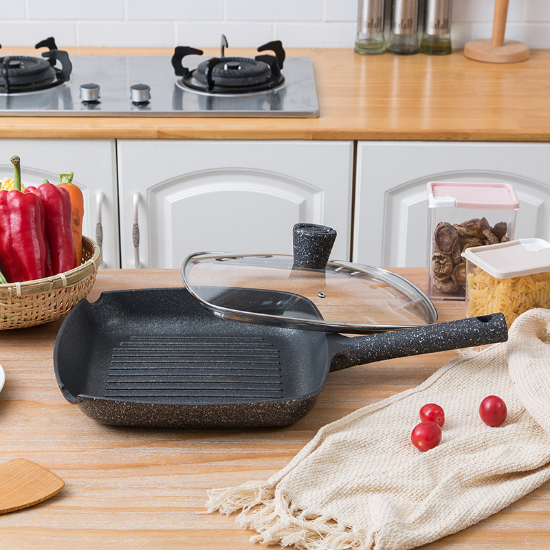 Factory direct sales of tourmaline non-stick steak frying pan, square striped flat non-stick frying pan, gas induction cooker, universal Specification image