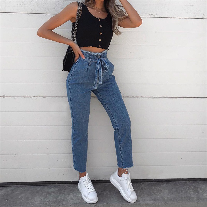 Cross-border wish Amazon AliExpress women's jeans flower bud high-waisted fringed lace-up jeans women's style cow Item Picture