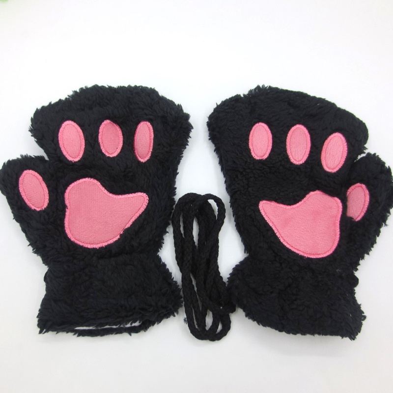 Winter Half Finger Gloves Female Cat Cartoon Bear Paws Student Fingertip Cat Claws Thick Pile Neck Warm Gloves Item Picture