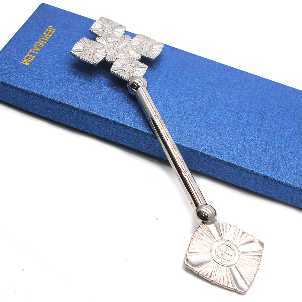 Silver metal holding a cross, JERUSALEM prayer, export foreign trade bestseller + blue box