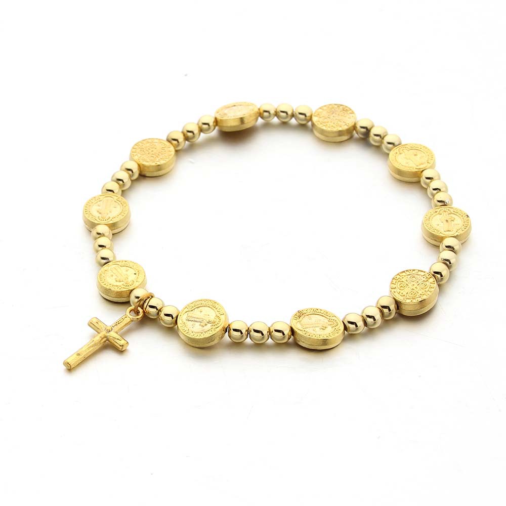 European And American Foreign Trade Hot Alloy St. Benedict Round Cake Bracelet Round Bead Cross Pendant Bracelet Elastic String Bracelet Beaded Bracelet Couple Jewelry Item Picture