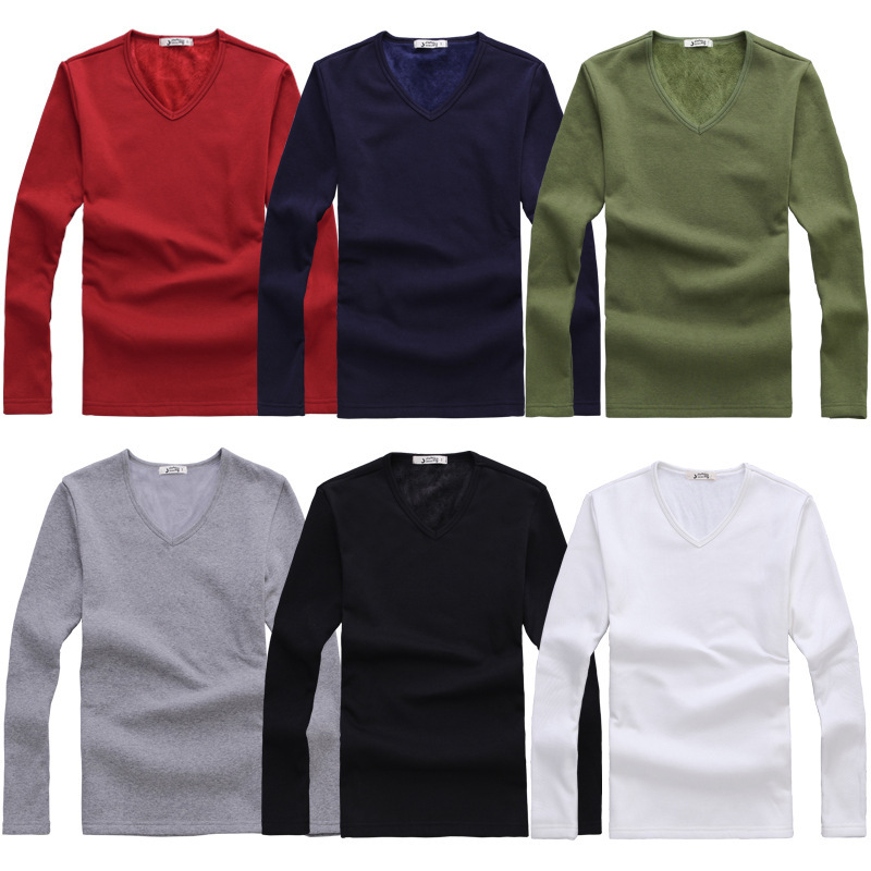 Men's autumn and winter thickened long-sleeved T-shirt with added fleece, solid color casual base layer, Korean-style slim-fit round-neck warm top T-shirt Item Picture