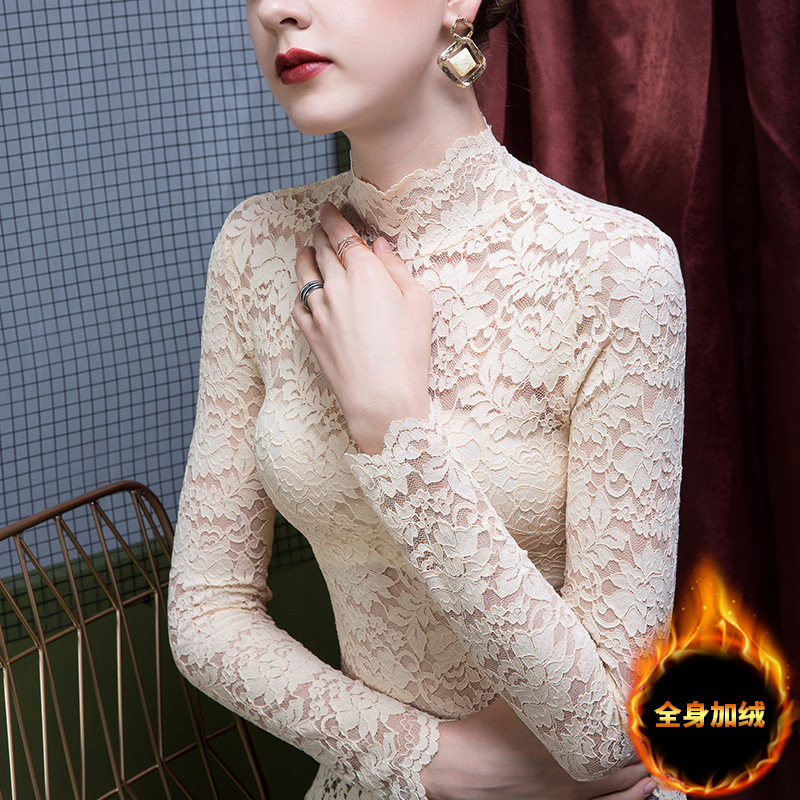 Autumn and winter lace base layer top for women, high-neck, slimming, fleece and thickened, stylish and body-shaping top, new winter style