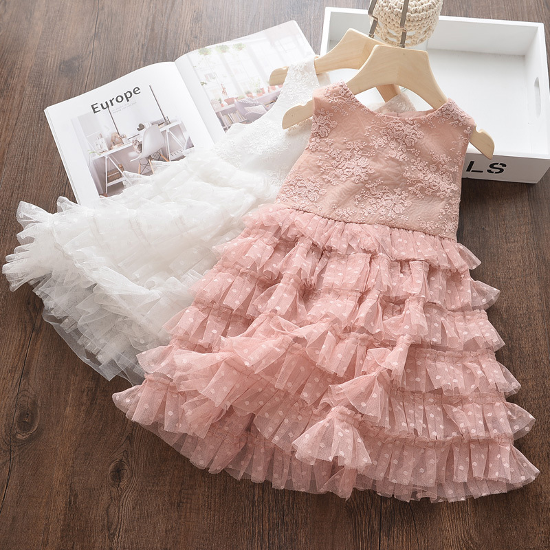 Thin Korean-style summer girls' lace dress, children's vest dress, princess chiffon dress, baby puff cake dress