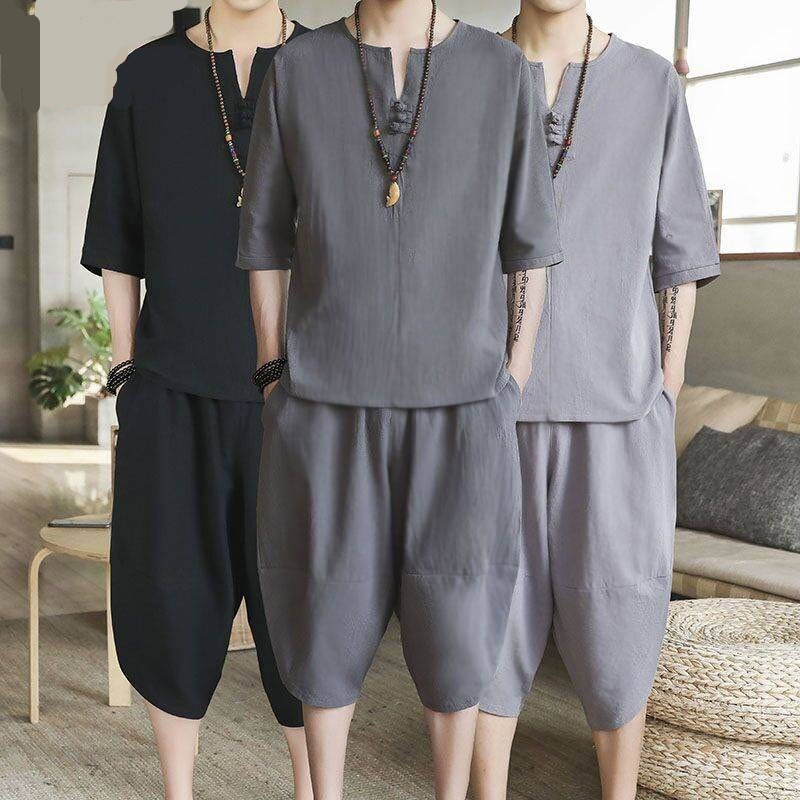 2022 Summer Men's Linen Suit Chinese Style Plus-Size Loose Cropped Trousers Casual Tang Suit Cotton Linen Two-Piece Set For Men