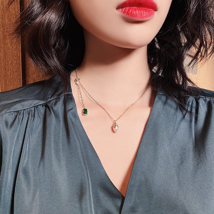 Simple Emerald Pearl Pendant Necklace Elegant White Collarbone Chain Ins French Fashion Network Red Choker details Picture