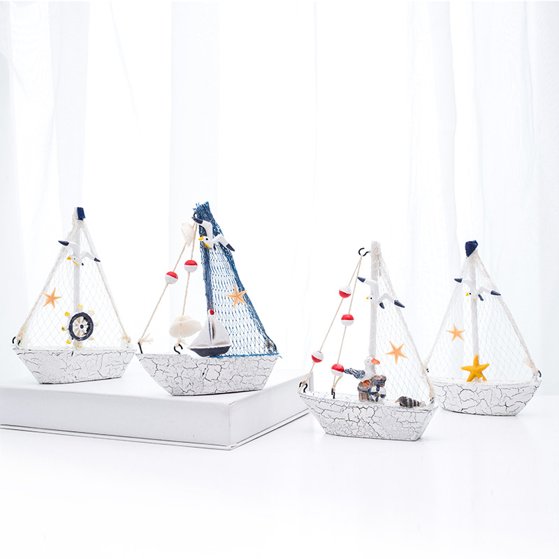 地中海风格贝壳裂纹小船摆设木质帆船模型小摆件儿童创意手工艺船（价格面议）详情图2