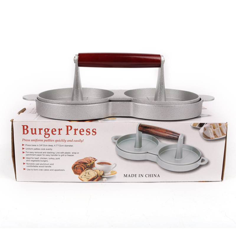Strength manufacturers aluminum alloy hamburger press double lattice non-stick coated wood handle Hamburger meat press mold creative tools Item Picture