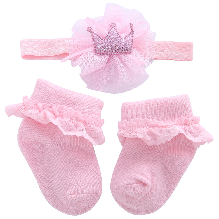 新款棉质欧美蝴蝶结婴儿袜子 可爱公主蕾丝花边宝宝袜子发带套装详情图3