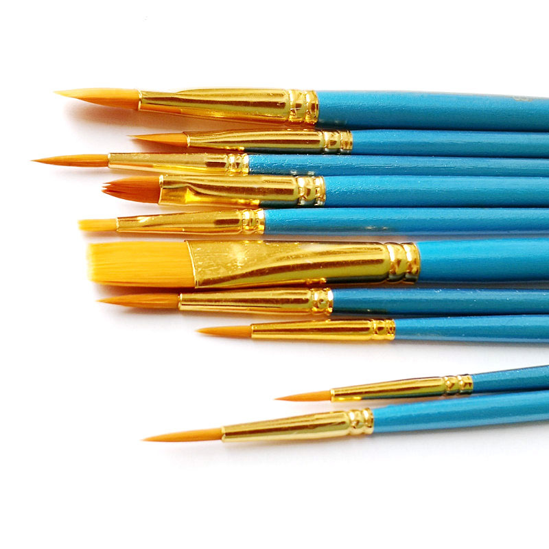 跨境厂家直销10支尼龙画笔套装尖头圆头绘画含勾线笔蓝色油画笔详情图5