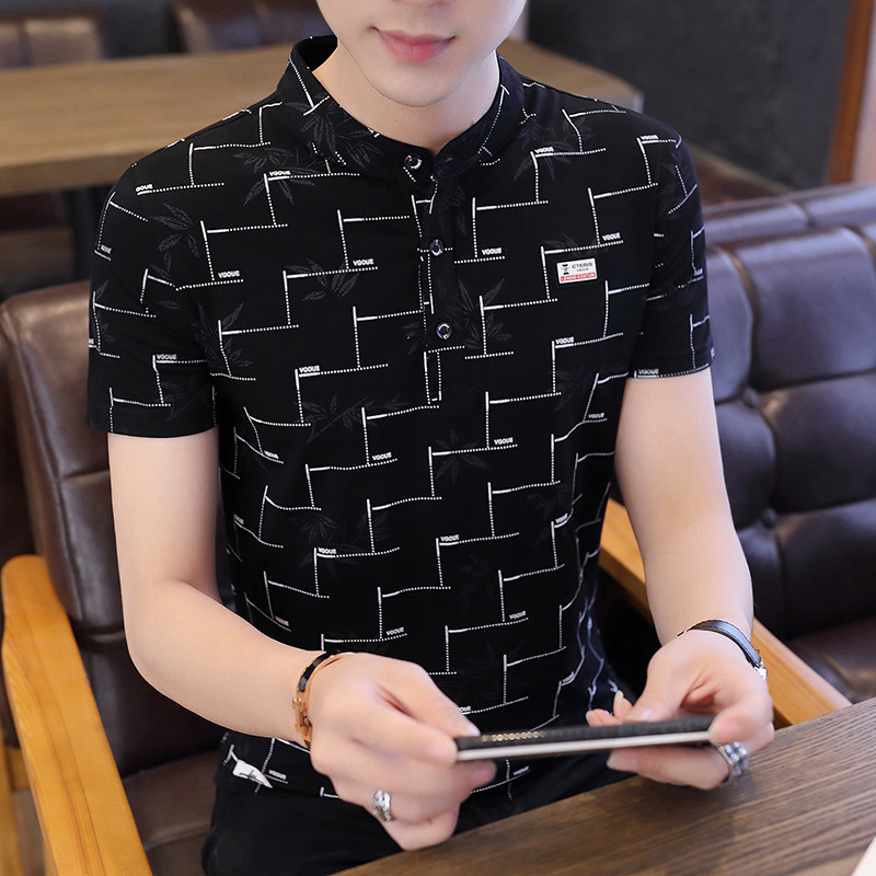 Summer men's stand-up collar, fashionable and personalized printed short-sleeved T-shirt, trendy Korean-style slimming men's pullover top for teenagers Application Scenario
