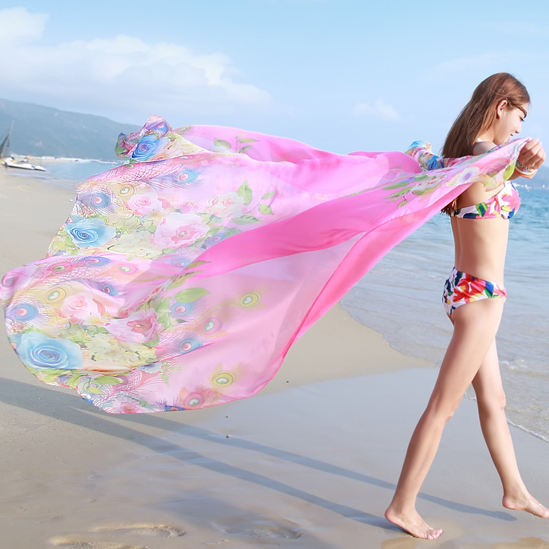 2019 New Scarf Female Chiffon Silk Scarf Female Spring/Summer Korean Version Long Seaside Super Beach Shawl Gauze Scarf Item Picture