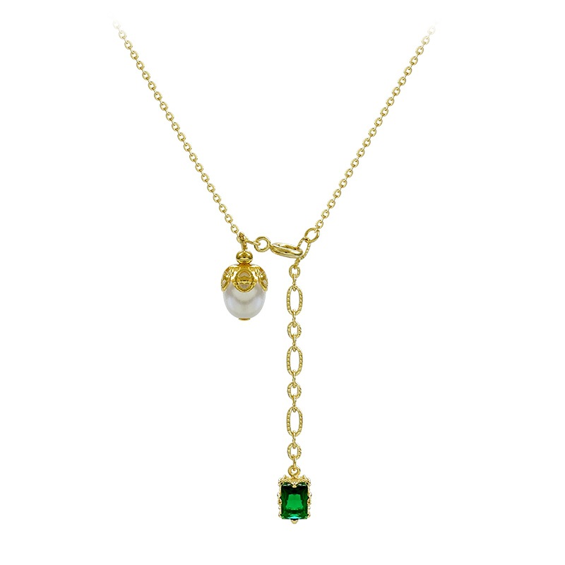 Simple Emerald Pearl Pendant Necklace Elegant White Collarbone Chain Ins French Fashion Network Red Choker Item Picture