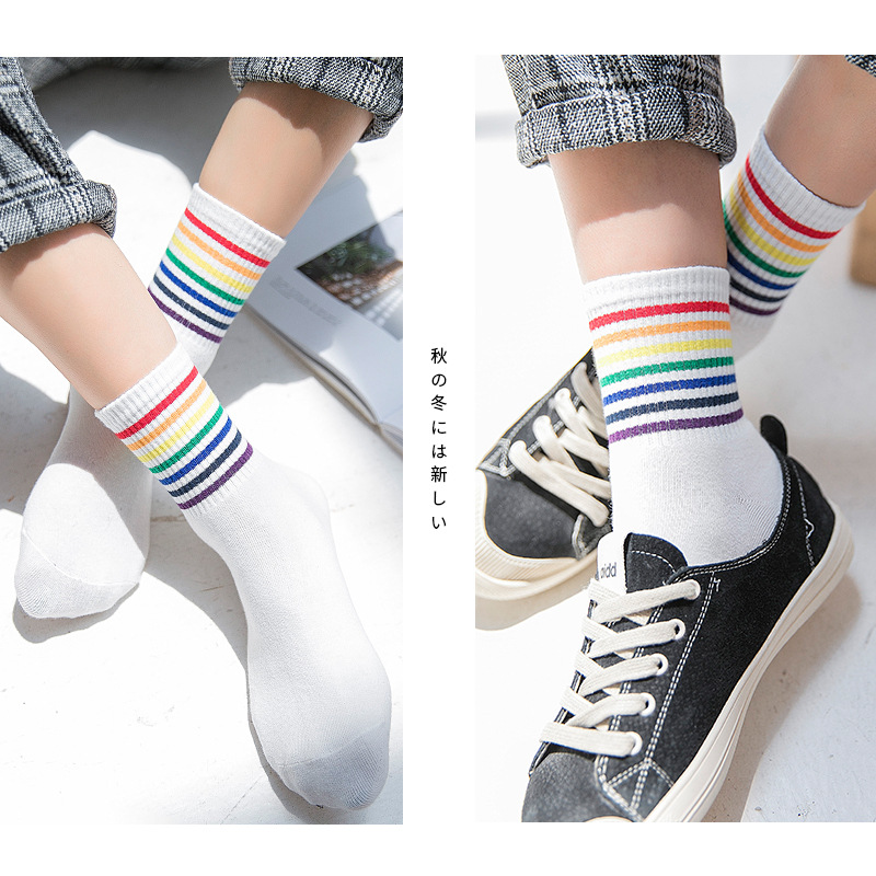 Rainbow Socks Women's mid-calf autumn new style all-cotton Korean-style trendy socks Casual cotton socks Rainbow stripe socks Specification image