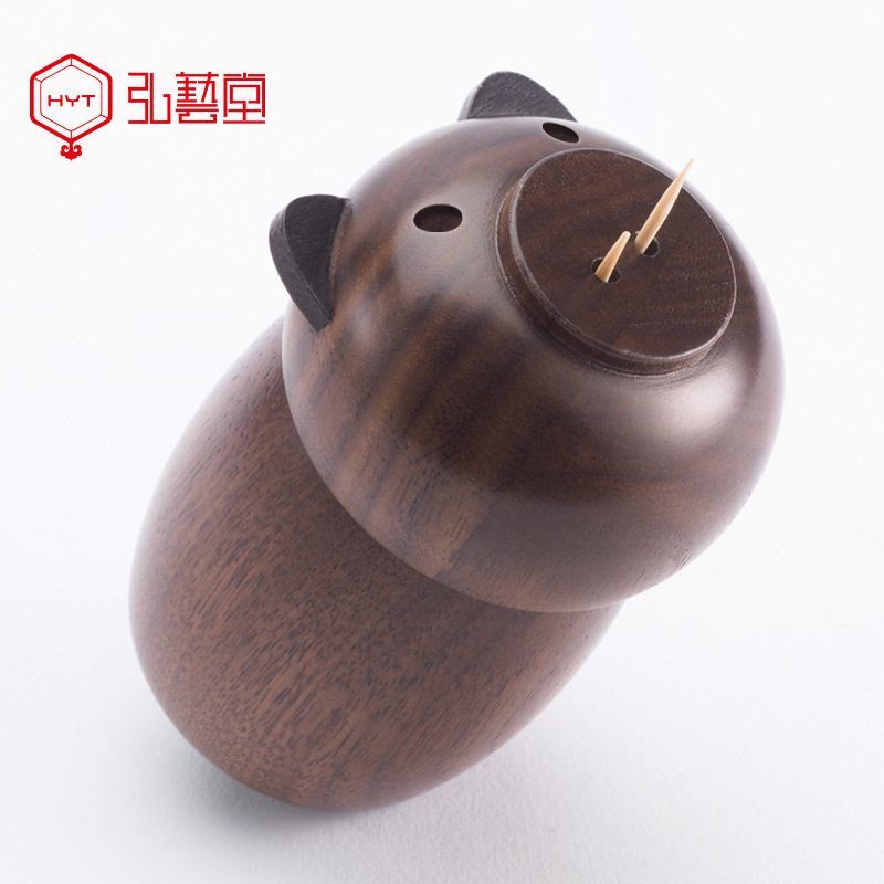 Solid wood household cute toothpick holder, personalized and creative dining room, Chinese zodiac toothpick jar, black walnut box