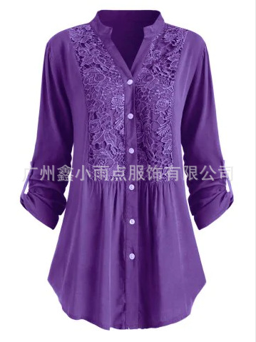 Cross-Border Europe And The United States Loose Women's Lace Lace Splicing Large Size Women's Shirt 8 Color 8 Size Item Picture