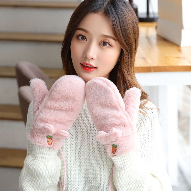 Cute winter gloves for girls, warm for students, Korean version of women's winter fleece and thickened cycling, cold-proof and windproof fleece gloves Specification image